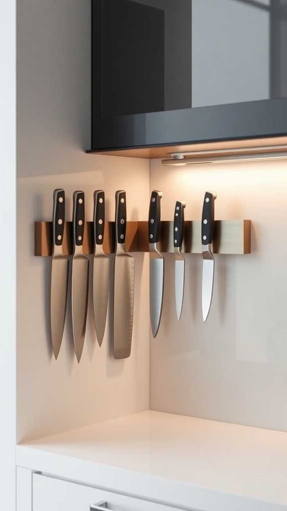 A modern kitchen with a magnetic knife strip holding various knives on a wall.