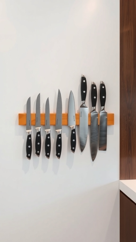 A magnetic knife strip holding various kitchen knives on a wall.