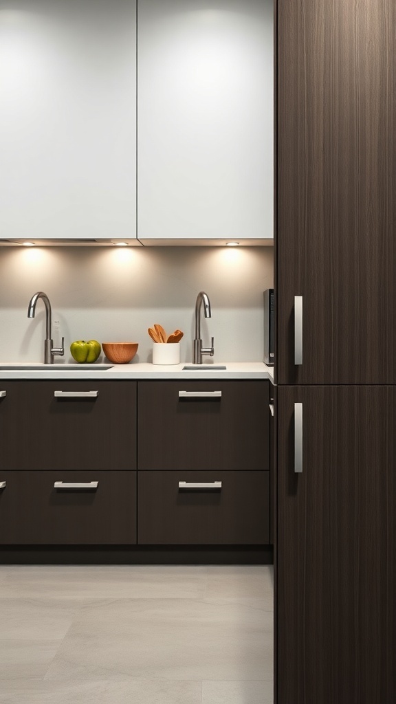 A modern kitchen with sleek cabinet handles and a clean design.