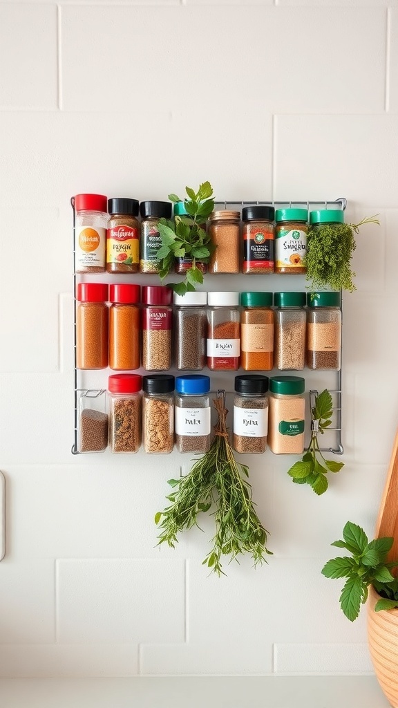 Magnetic spice rack with various jars and fresh herbs