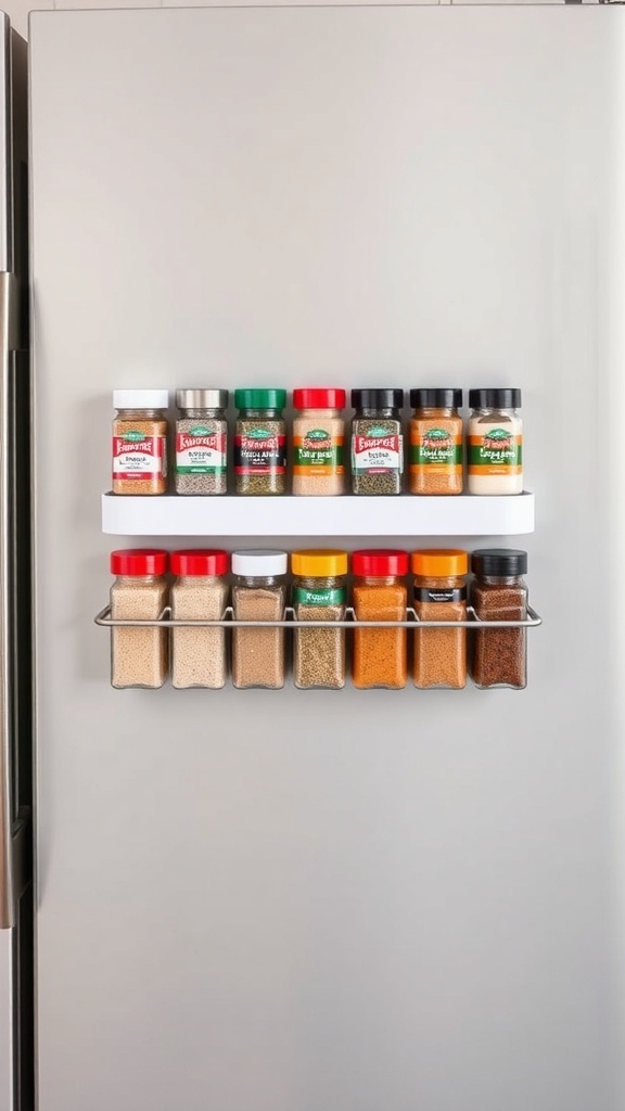 Magnetic spice rack mounted on a refrigerator with various spice jars.