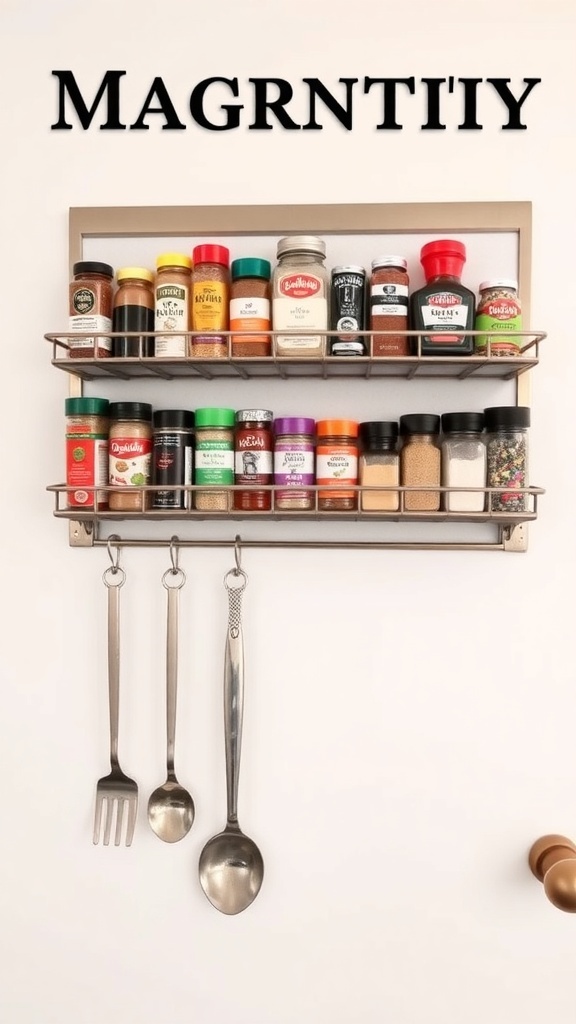 A magnetic spice rack with various spice containers and hanging utensils.
