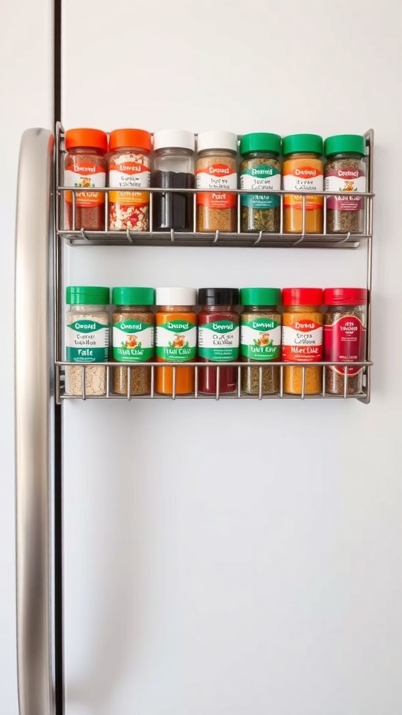 Magnetic spice rack attached to a refrigerator with various spice containers.