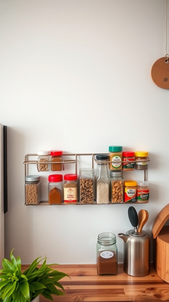 A magnetic spice rack mounted on a wall, featuring various spice jars and containers.