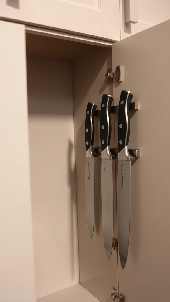Magnetic knife storage with three knives attached to a strip inside a cabinet.