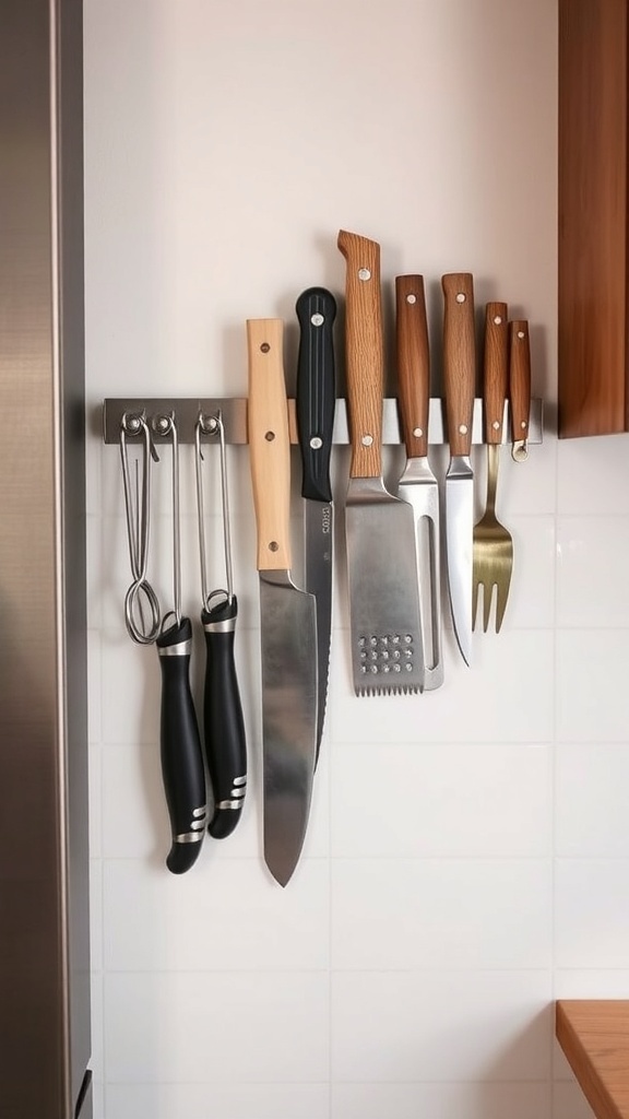 Magnetic strip holding various kitchen tools and knives on a wall.