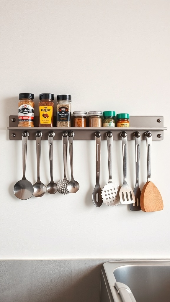 Magnetic strip holding spice jars and kitchen tools on a wall.