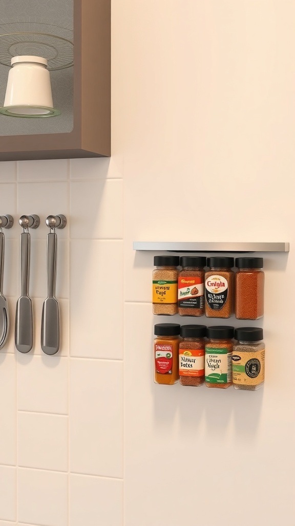 Magnetic strip holding spice jars on a kitchen wall