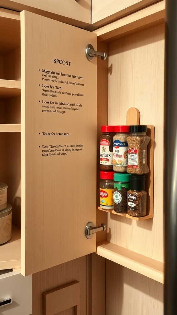 Magnetic strips holding spice jars inside a corner kitchen cabinet.