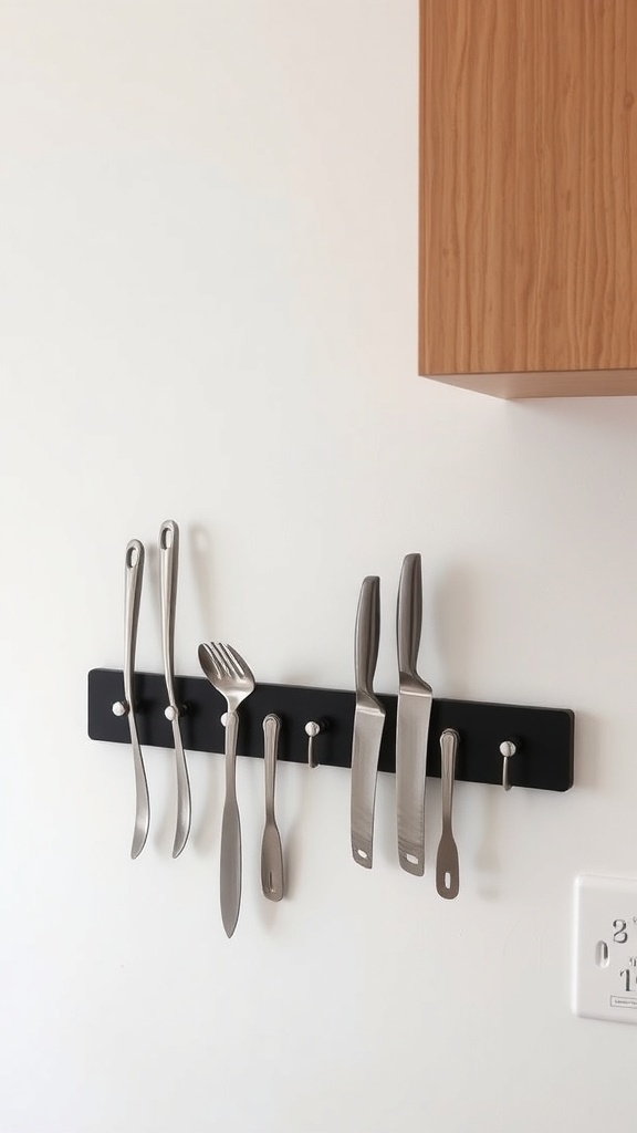 Magnetic strip holding various kitchen utensils on a wall.