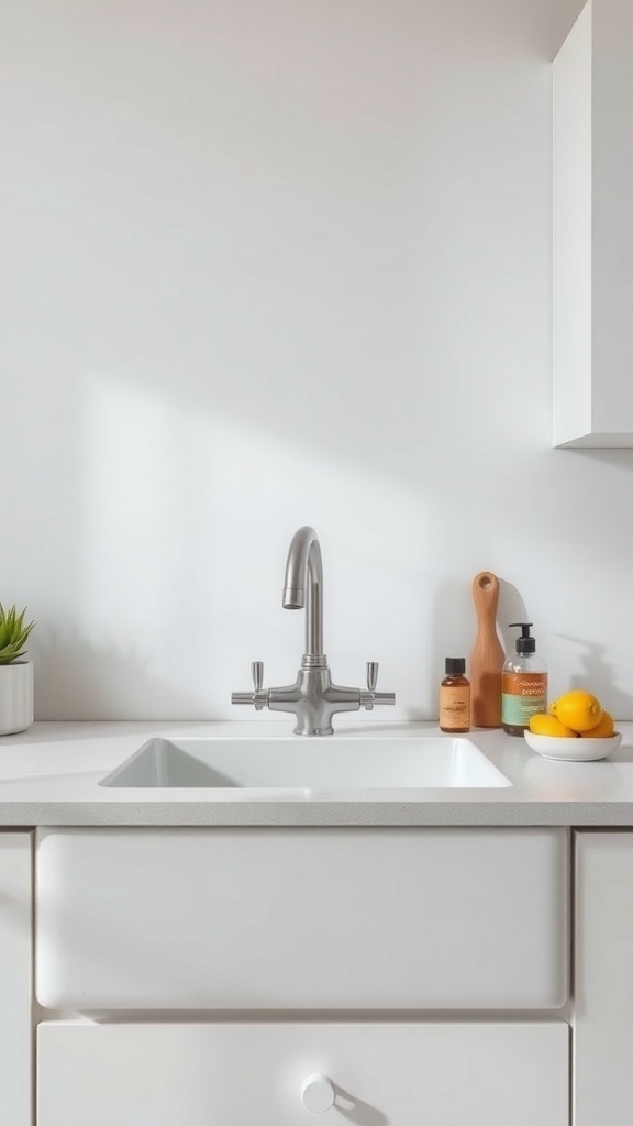 A minimalist kitchen sink with a clean design, featuring a silver faucet, a few bottles of soap, and a bowl of lemons.