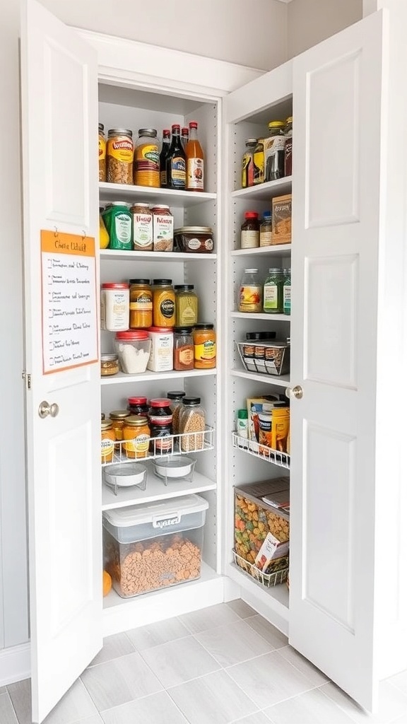 Organized corner kitchen pantry with labeled shelves and clear storage bins.