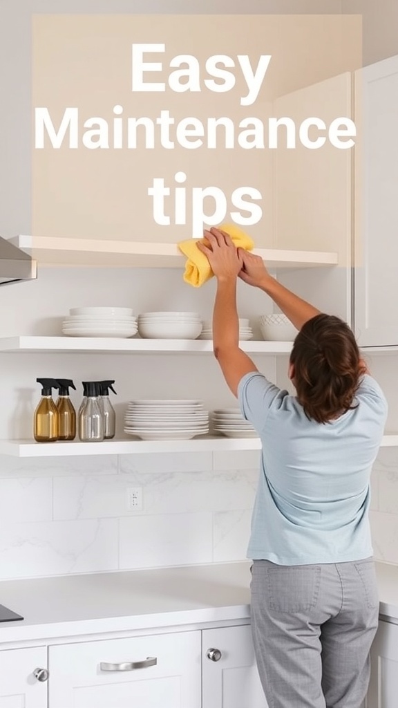 A person cleaning corner shelves in a kitchen cabinet.