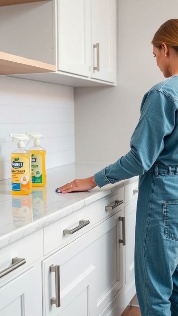 A person cleaning kitchen drawer handles with a cloth and cleaning products on the counter.