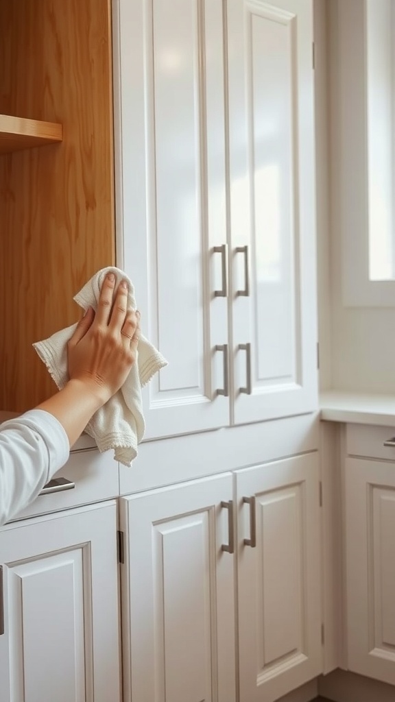 A person cleaning kitchen cabinet handles with a cloth.