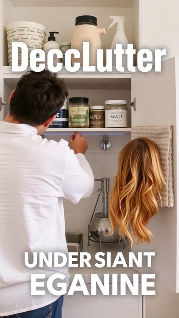 A person organizing under the sink with various containers and cleaning supplies.