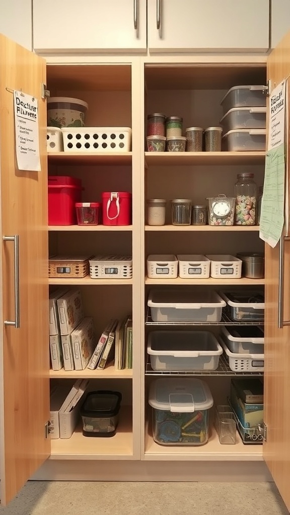 Organized kitchen cupboard with various containers and items neatly arranged.