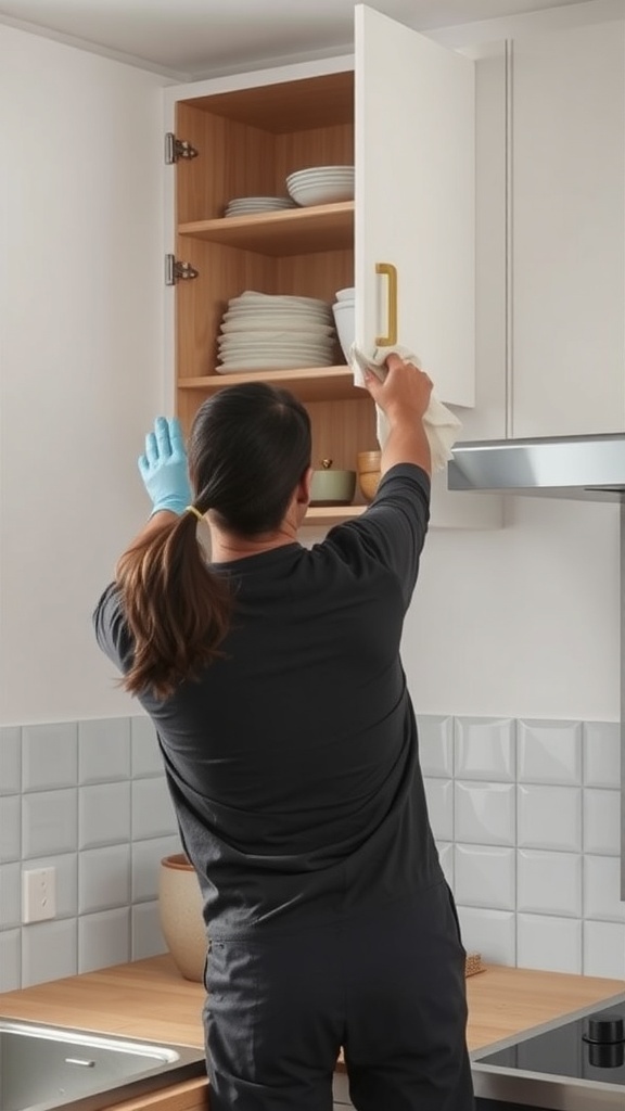 Person cleaning an upper corner kitchen cabinet