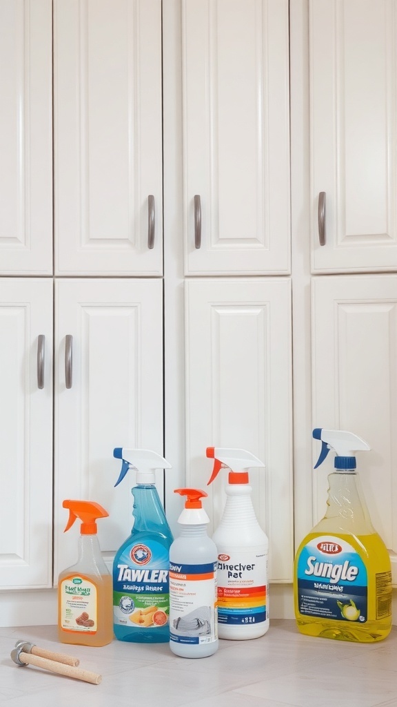 Cleaning supplies for maintaining white kitchen cabinets and hardware.