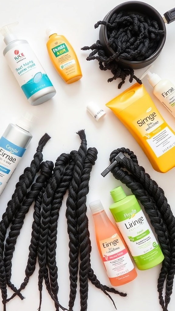 A variety of hair care products and neatly arranged knotless braids, showcasing maintenance essentials.