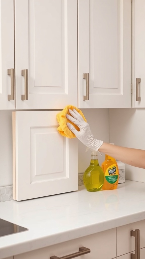 A person cleaning kitchen cupboard handles with a yellow cloth and cleaning products nearby.