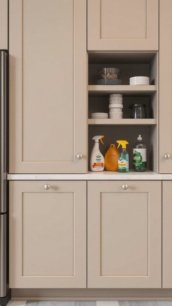 Taupe kitchen cabinets with cleaning supplies on the shelf.