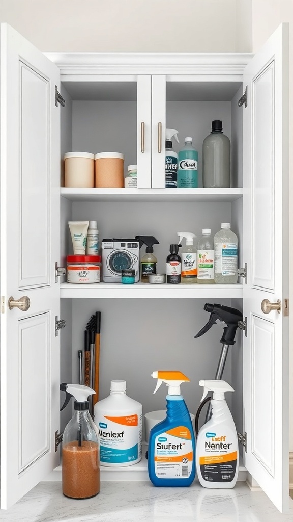 A well-organized kitchen cabinet with cleaning supplies and storage containers.
