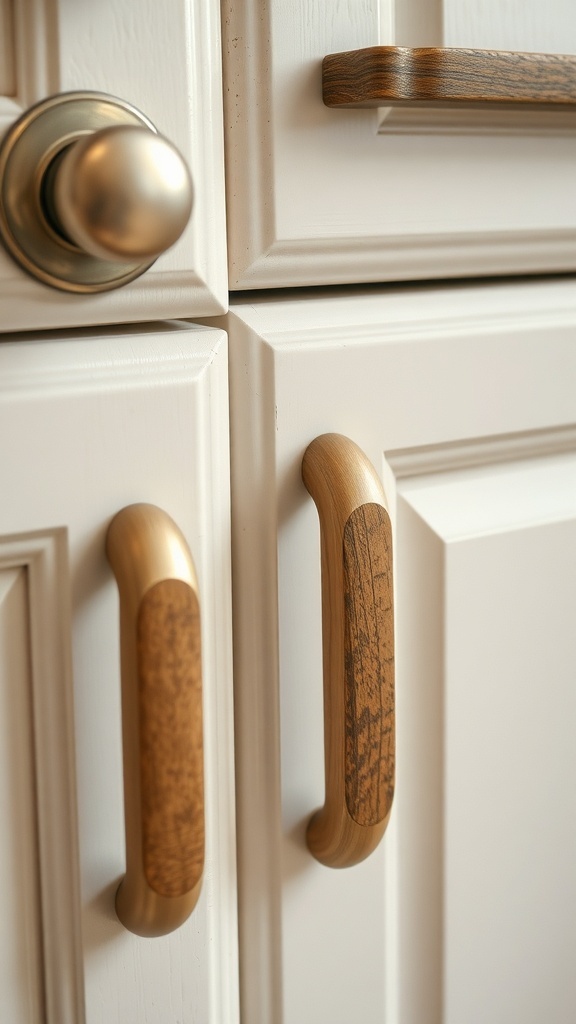 Close-up of kitchen cabinet handles featuring metal and wood elements.