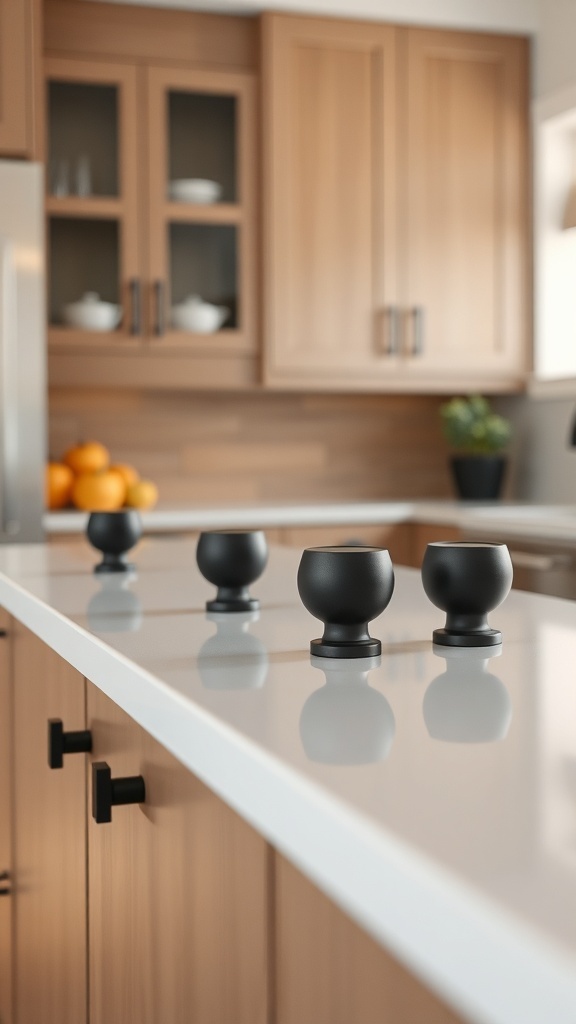 A close-up view of matte black cabinet knobs on a kitchen countertop.