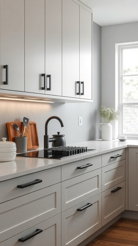 A modern kitchen featuring matte black cabinet pulls on white cabinets.