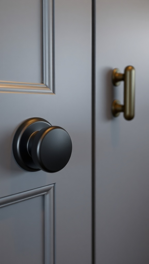 Close-up of matte black cabinet knob and brass handle on gray cabinet door.