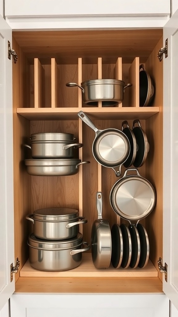 A kitchen cabinet with vertical dividers organizing pots and pans.