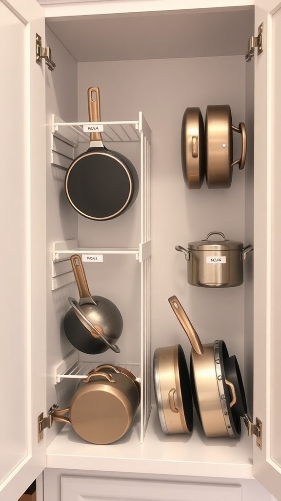 Organized kitchen cabinet with vertical pot and pan organizers.
