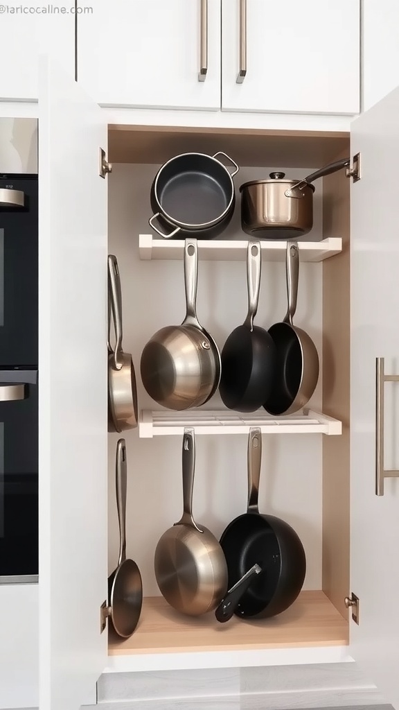 A kitchen cabinet with vertical organizers holding pots and pans.