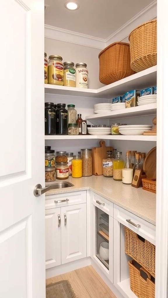 A well-organized pantry with shelves, jars, and baskets in a corner space.