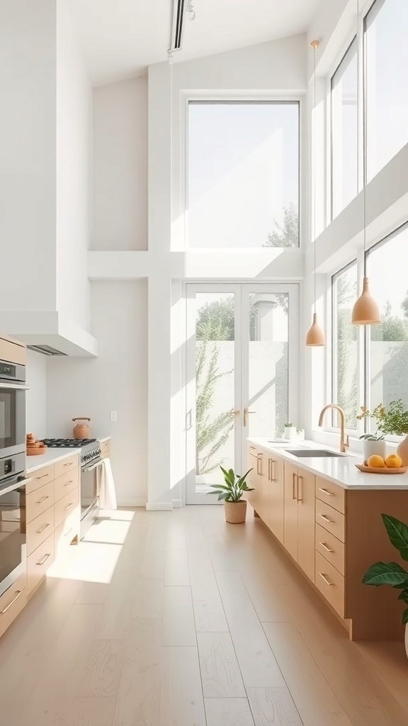 A bright open kitchen with large windows and natural light.