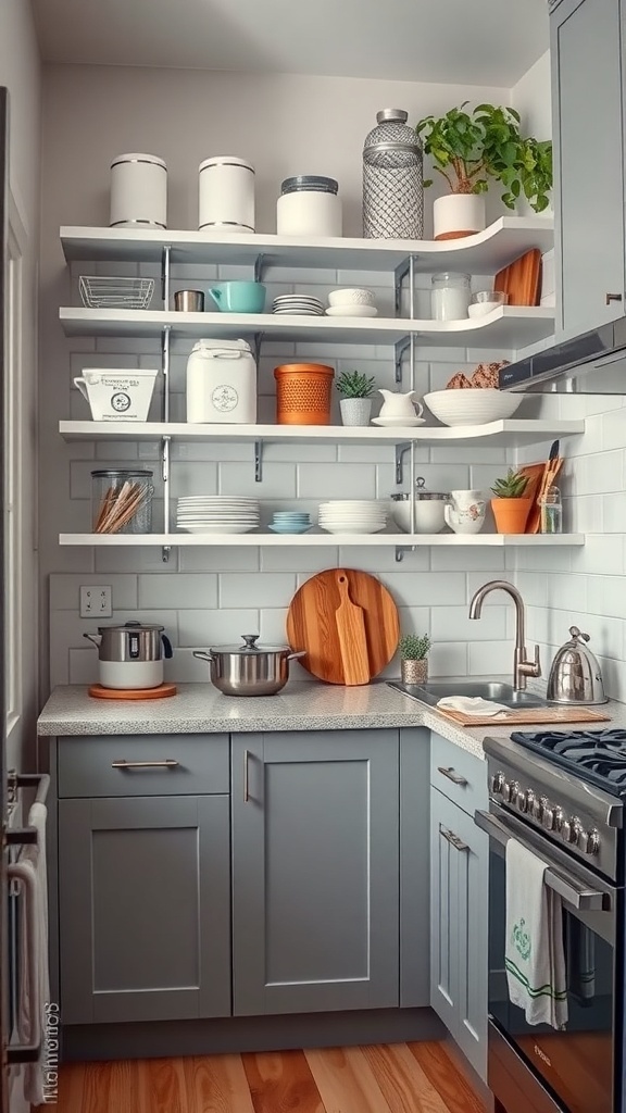 A modern kitchen with corner shelves displaying various kitchen items and plants.