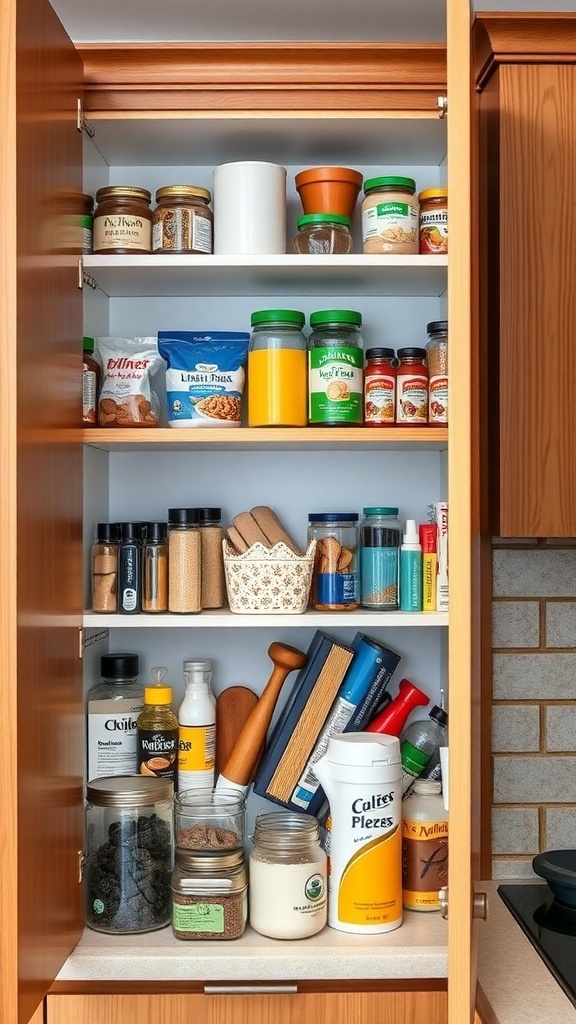 A well-organized upper corner kitchen cabinet filled with jars, spices, and kitchen supplies.