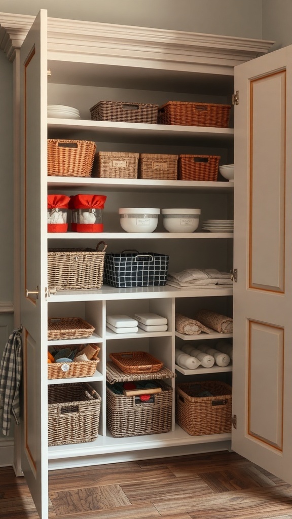 A well-organized corner cupboard with various baskets and bowls.