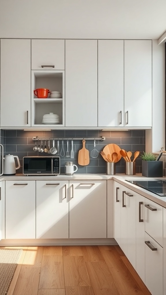 A modern modular kitchen with white cabinets, a microwave, and wooden utensils.