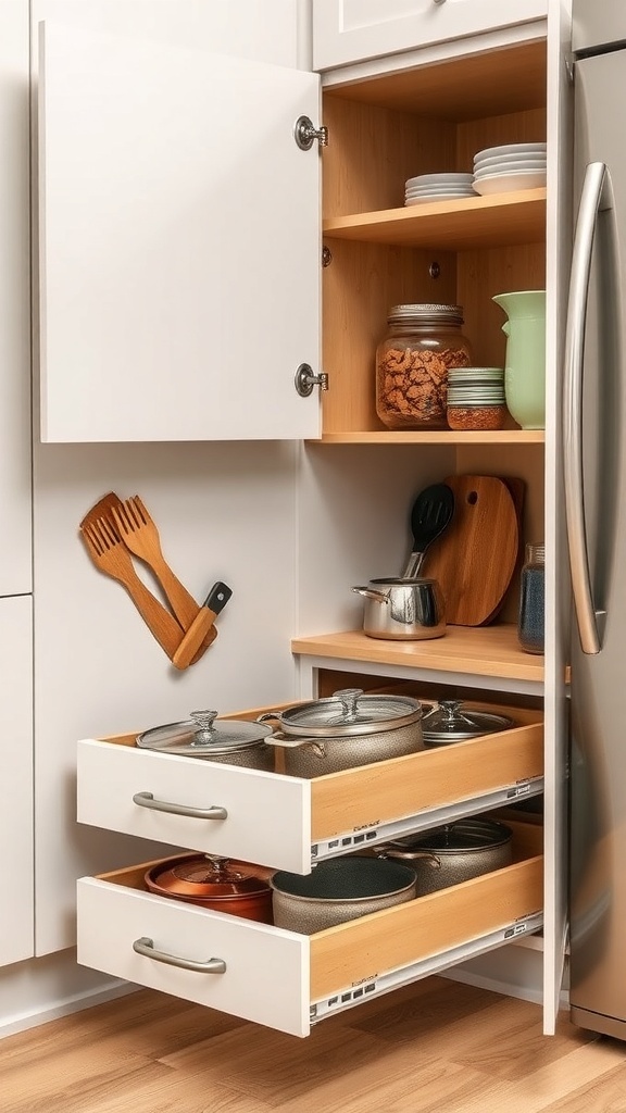 Bottom corner kitchen cabinet with pull-out drawers containing pots and pans.