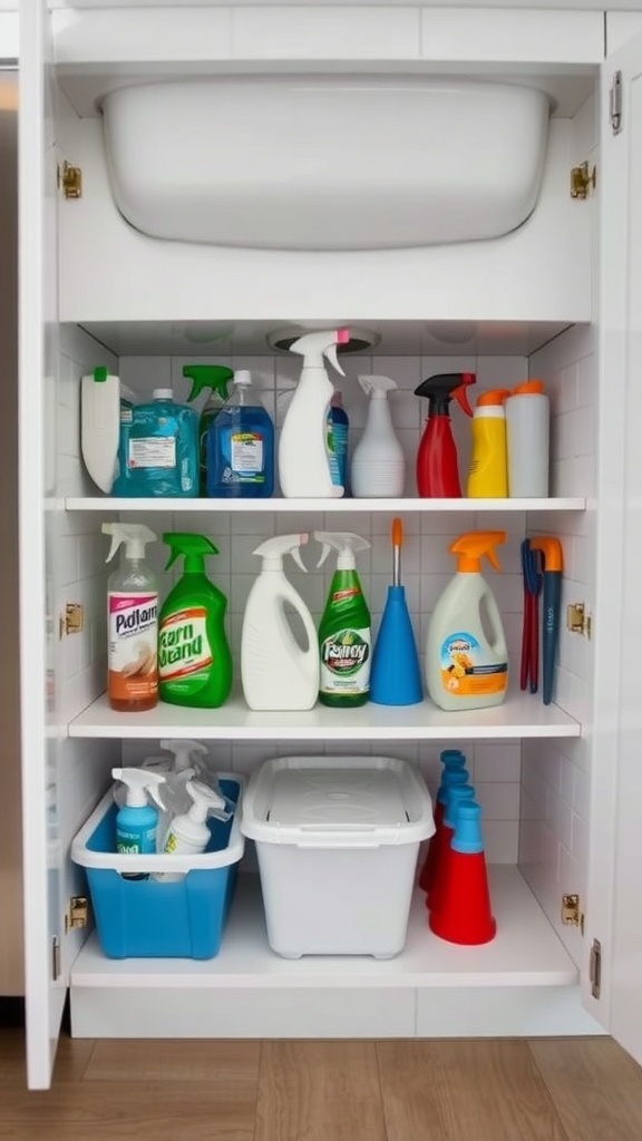Organized under-sink storage with cleaning supplies and bins.