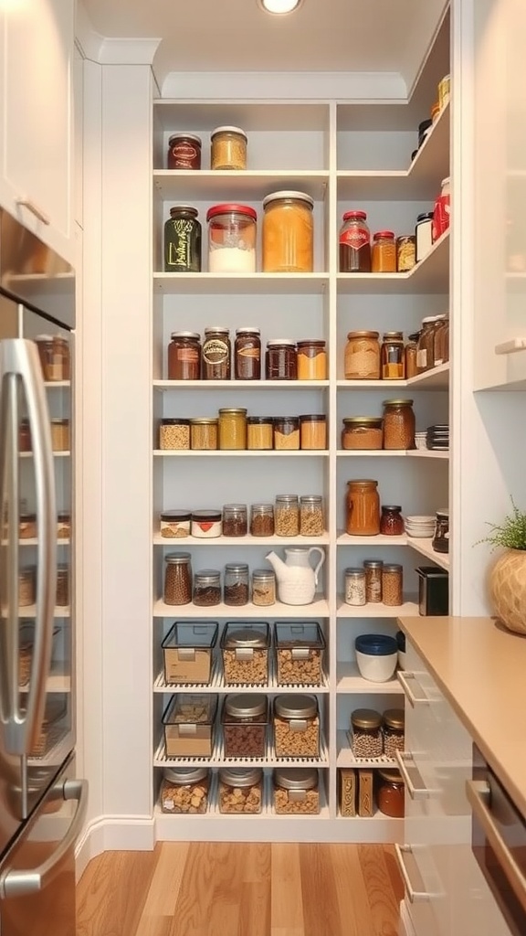 A well-organized corner kitchen pantry with tall shelves and clear containers.