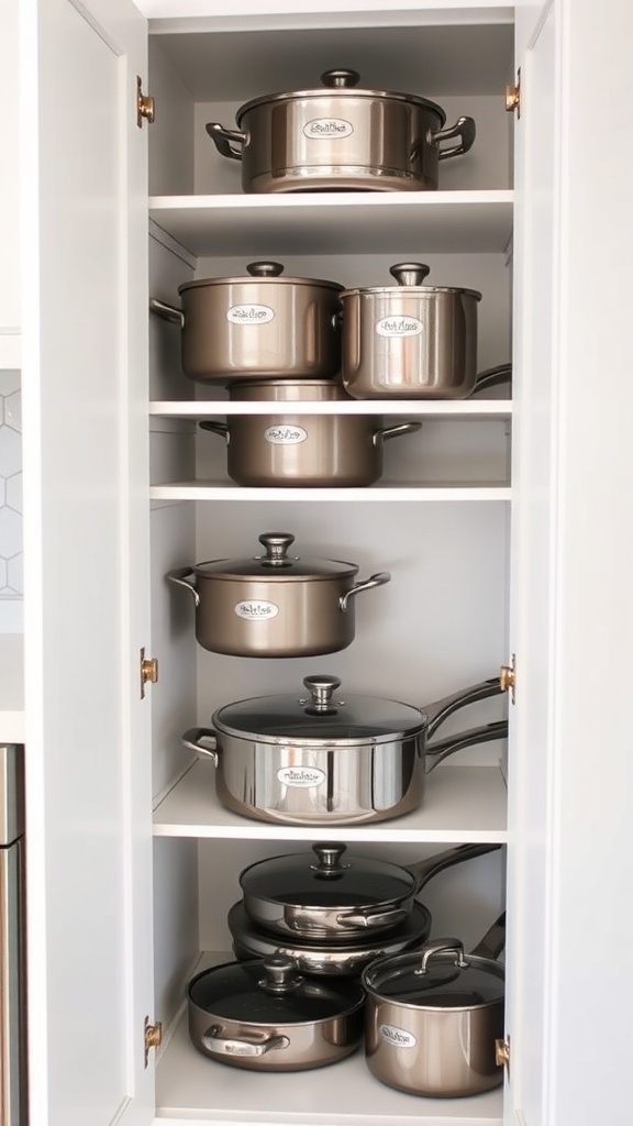 Organized corner kitchen cabinet with stacked pots and pans.