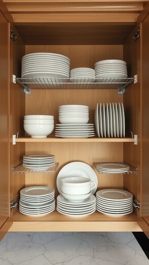 Organized kitchen cabinet with neatly stacked plates and bowls.