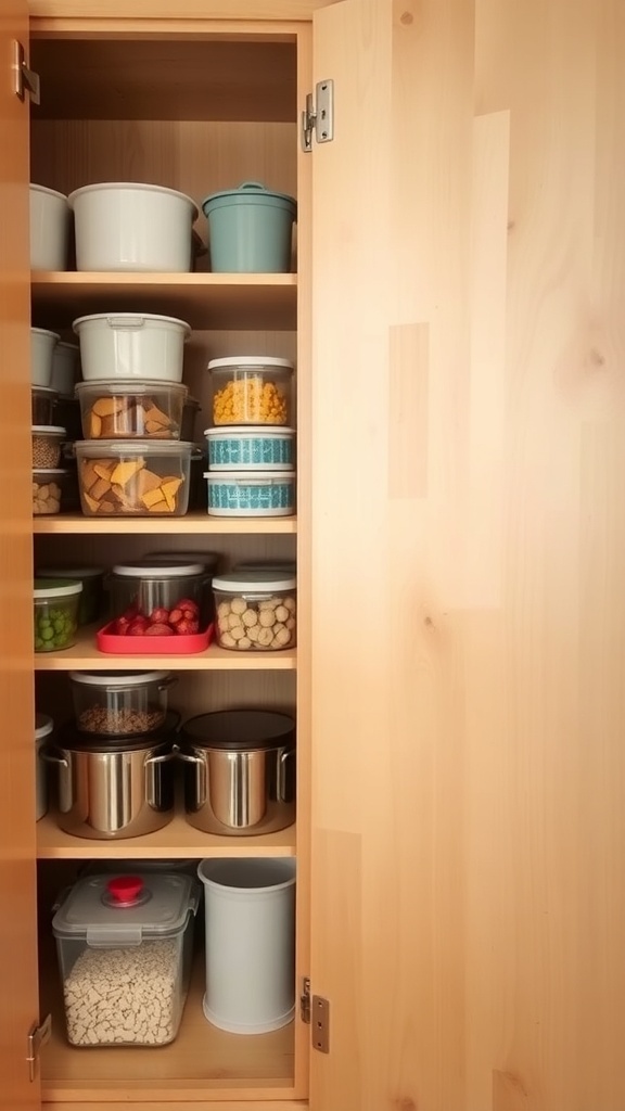 Organized kitchen cabinet with stacked containers and various food items.