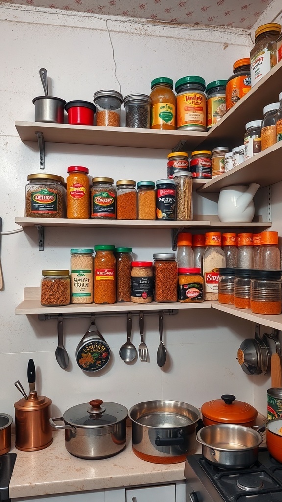 Small Indian kitchen with organized shelves displaying jars of spices and cooking utensils.