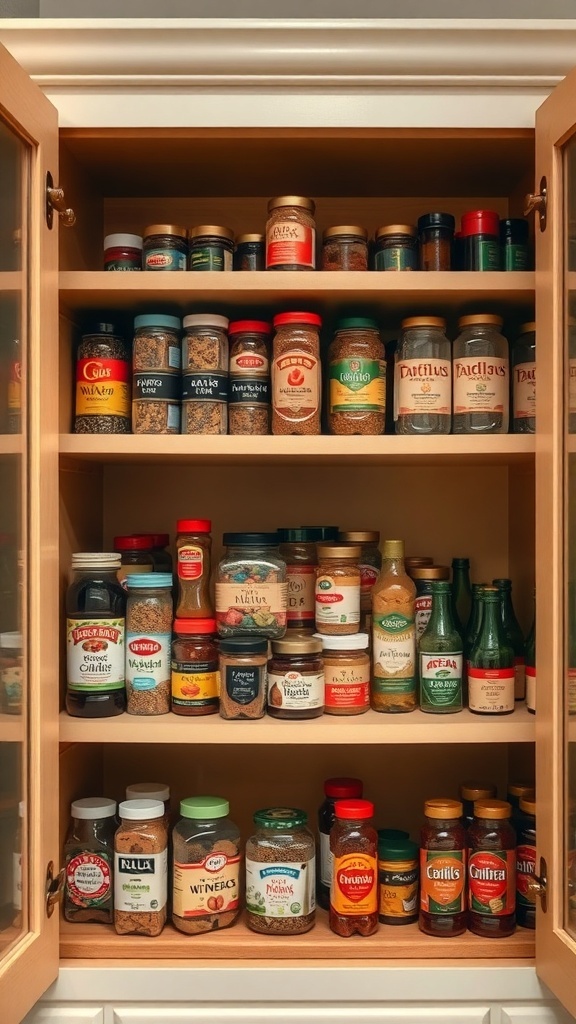 Organized kitchen cabinet with spices and jars on shelves.