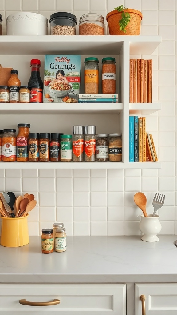 Organized kitchen shelves with spices, cookbooks, and decorative items.