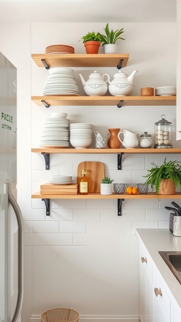 Open shelving in a small kitchen displaying plates, teapots, and plants.